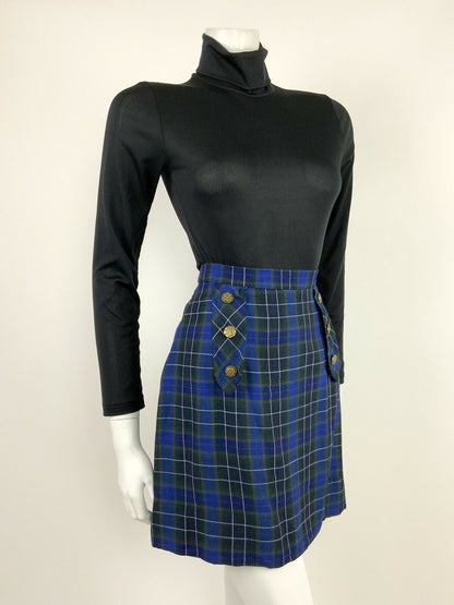 VINTAGE 60s 70s BLUE GREEN WHITE TARTAN PLAID NAUTICAL A-LINE SHORT SKIRT 10