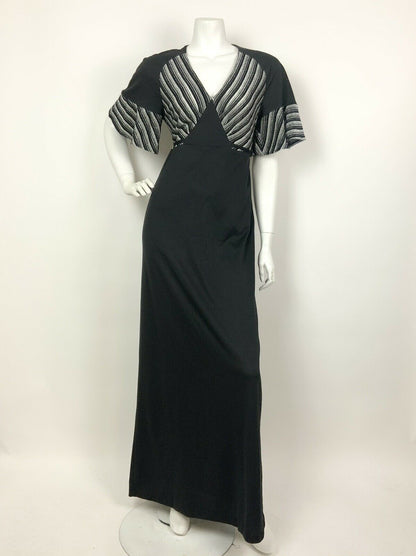 VTG 60s 70s BLACK METALLIC SILVER STRIPED BELL SLEEVE DISCO GLAM MAXI DRESS 8 10