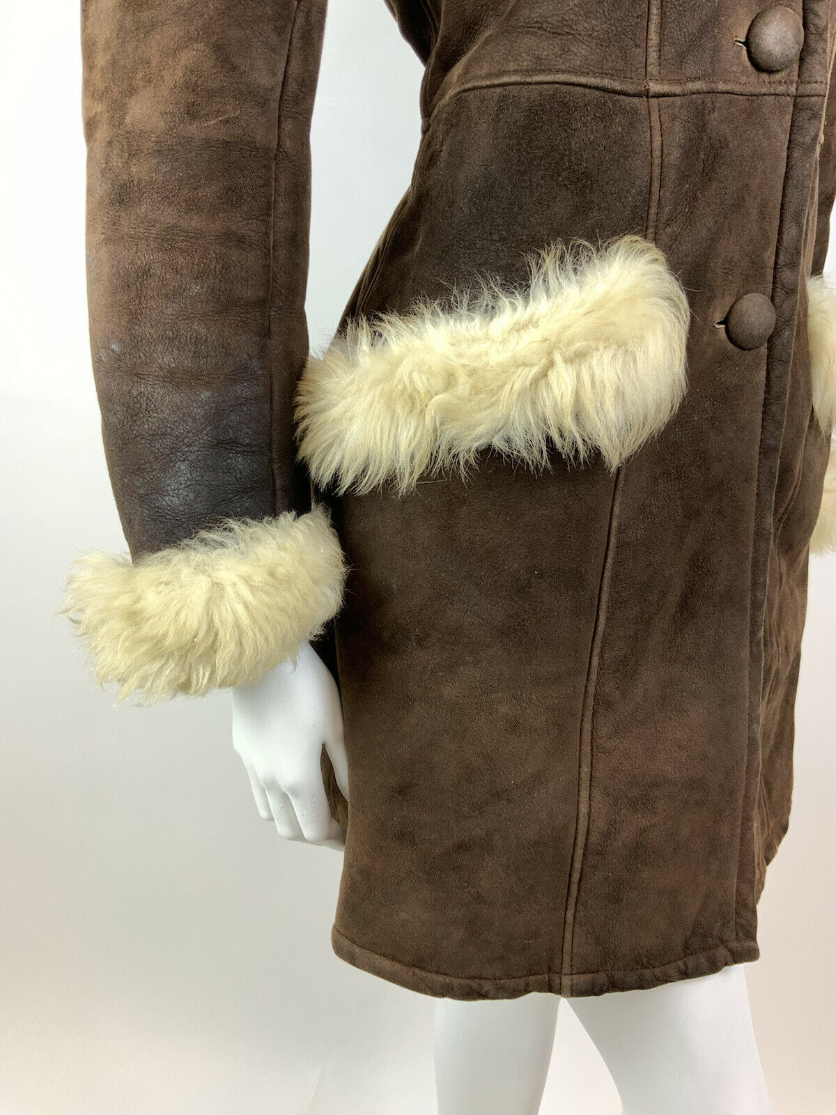 VTG 60s 70s BROWN CREAM SUEDE LEATHER SHEARLING BOHO PENNY LANE COAT 10 12