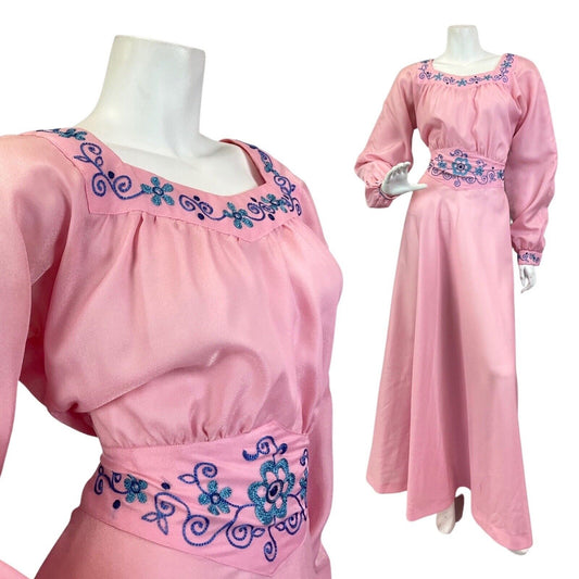 VINTAGE 70s BABY PINK BLUE EMBROIDERED FLORAL PRAIRIE PRINCESS MAXI DRESS 14