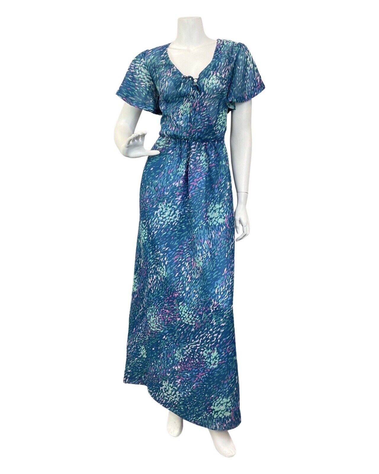 VINTAGE 60s 70s BLUE PINK GREEN ABSTRACT DASH SHEER BOHO MAXI DRESS 10