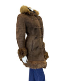 VINTAGE 60s 70s DARK BROWN HOODED SUEDE LEATHER BOHO MOD SHEARLING COAT 10 12