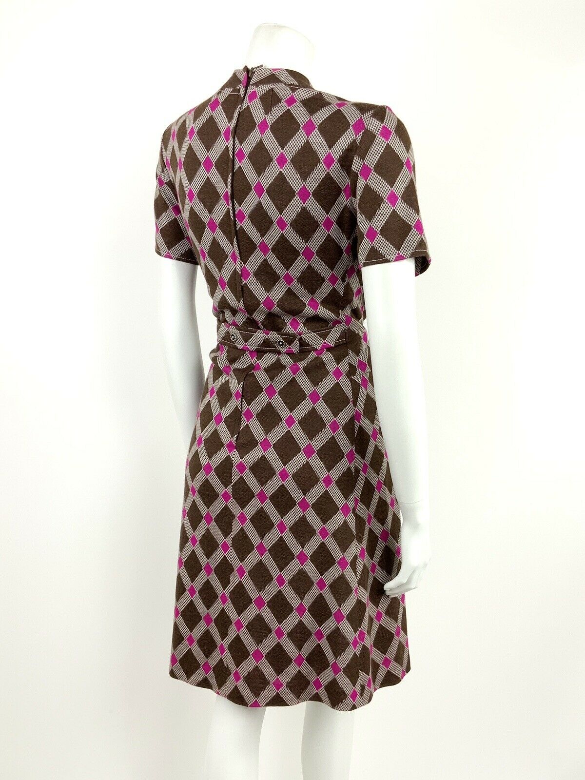 VTG 60s 70s MOD BROWN WHITE PINK DIAMOND CHECKERED GEOMETRIC DRESS 10 12