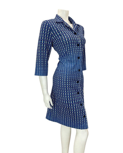 VINTAGE 60s 70s NAVY BLUE WHITE BLACK GRID CHECKED MOD SHIRT DRESS 16