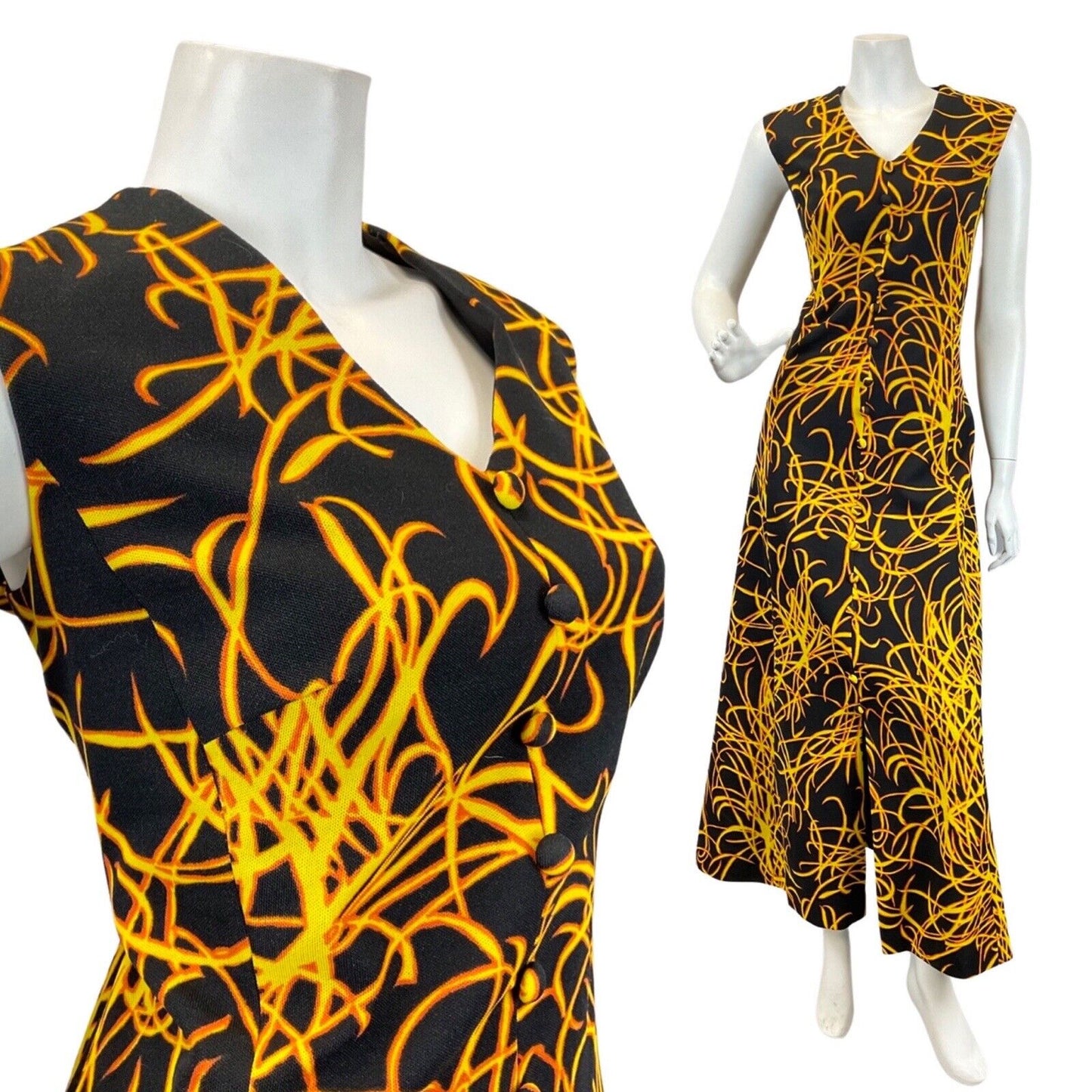 VTG 60s 70s BLACK YELLOW ORANGE FLAMES PSYCHEDELIC SLEEVELESS MAXI DRESS 14 16