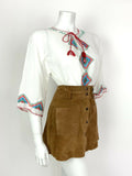 VTG 70s WHITE RED BLUE GREEN AZTEC GEOMETRIC EMBROIDERED BOHO ETHNIC TOP 10 12