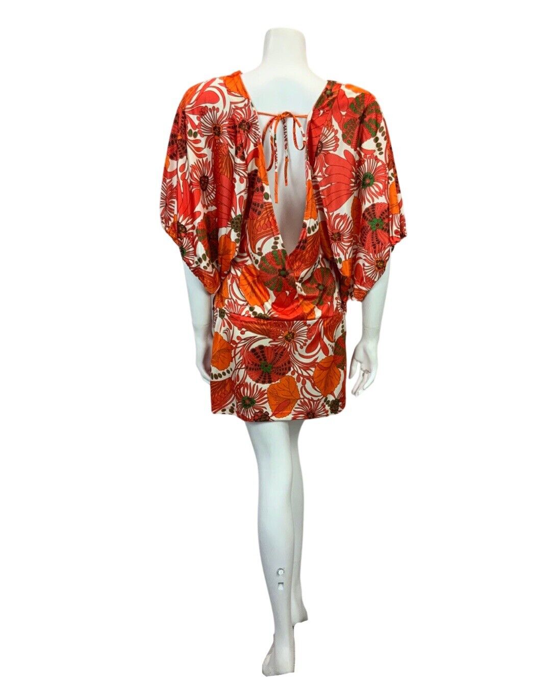 VTG 60s 70s WHITE RED ORANGE GREEN FLORAL PSYCHEDELIC BACKLESS MINI DRESS 8 10