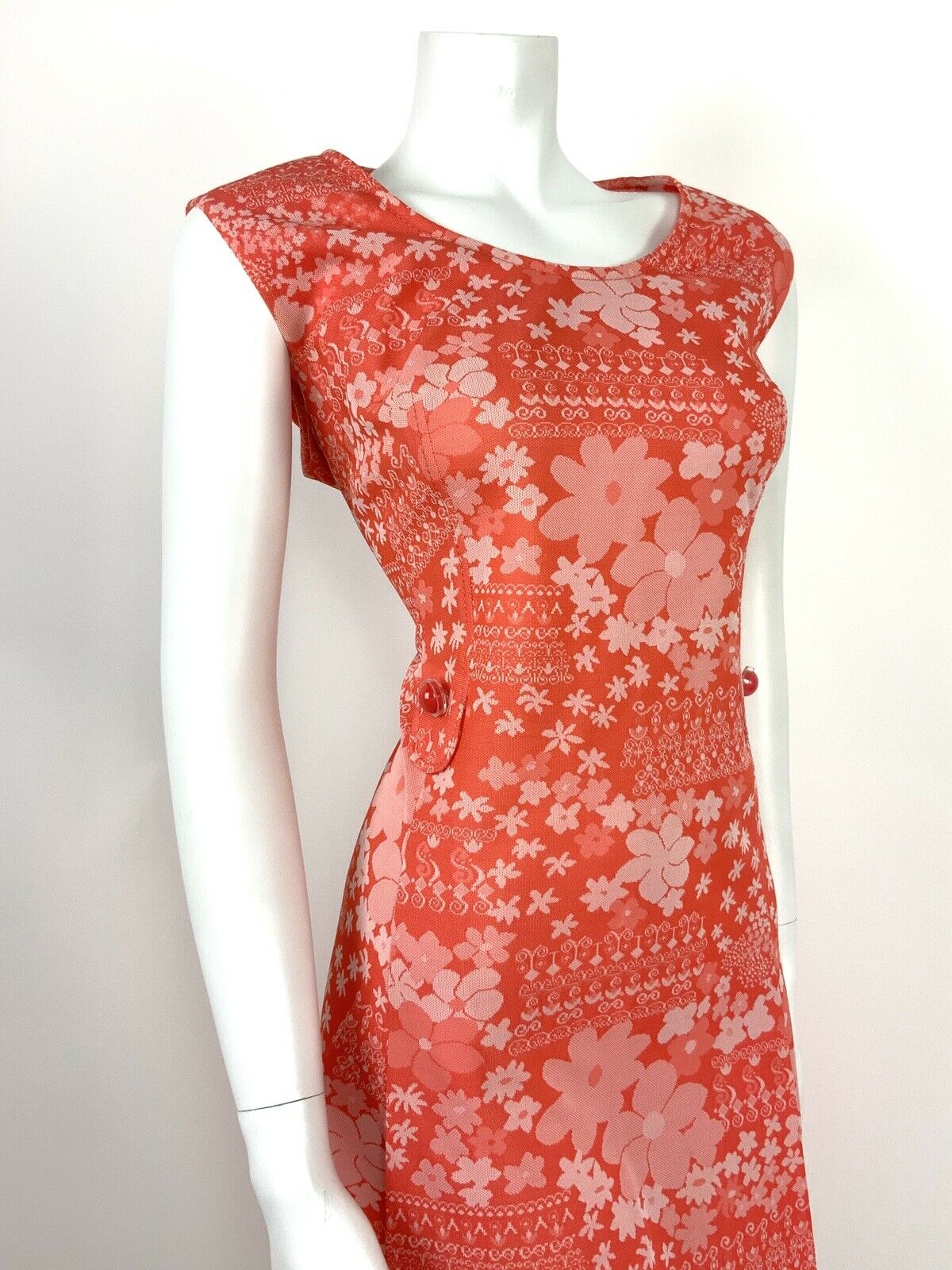 VTG 60s 70s ABSTRACT FLORAL CORAL ORANGE PINK WHITE A-LINE DRESS 16 18