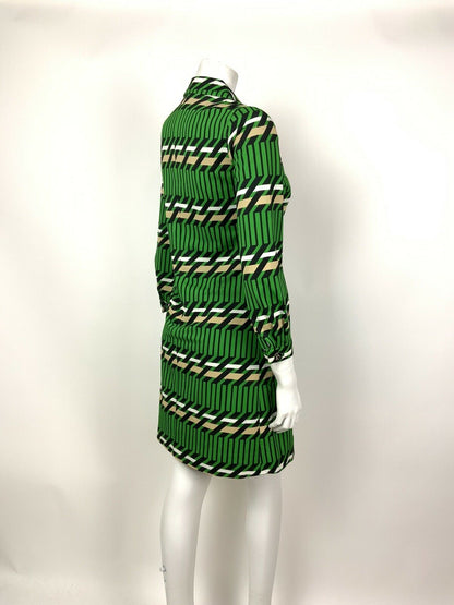 VTG 60s 70s GREEN BLACK WHITE BEIGE GEOMETRIC MOD STRIPED DAGGER SHIRT DRESS 10