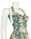 VTG 60s 70s GREEN RED CREAM CHINESE TIGER BLOSSOM CACHAREL HALTER SUN-DRESS 6 8