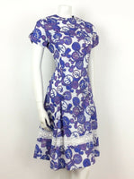 AMAZING VINTAGE 60s 70s ABSTRACT FLORAL DRESS PURPLE BLUE WHITE 10 12