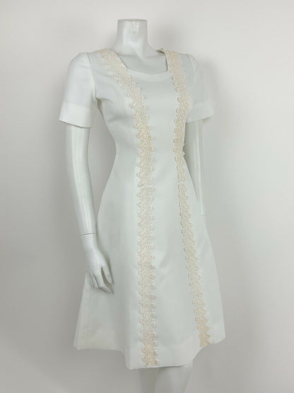 VINTAGE 60s 70s WHITE IVORY BRODERIE ANGLAISE LACE PRINCESS LINE DRESS 8 10