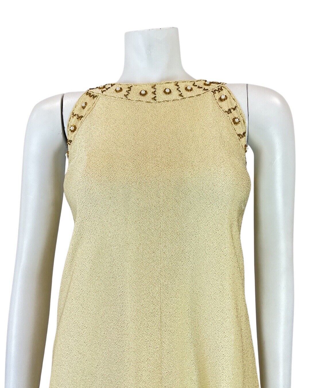 VINTAGE 60s 70s GOLD BEADED MOD DISCO STUDIO 54 PARTY SLEEVELESS SHIFT DRESS 10