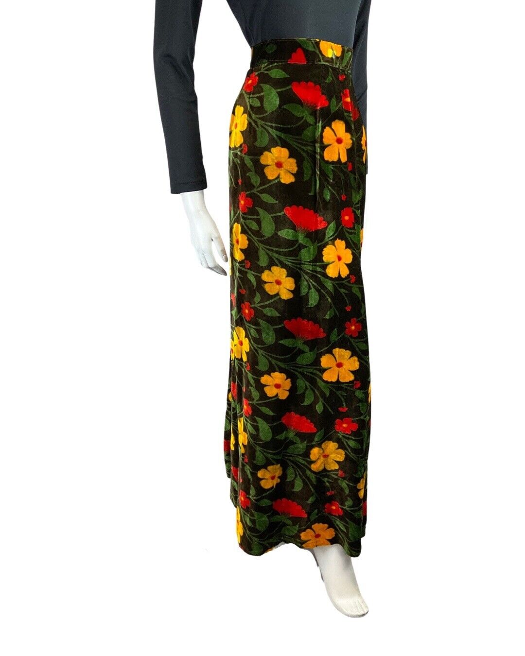 VINTAGE 60s 70s BROWN RED YELLOW FLORAL DAISY MOD BOHO VELVET MAXI SKIRT 8