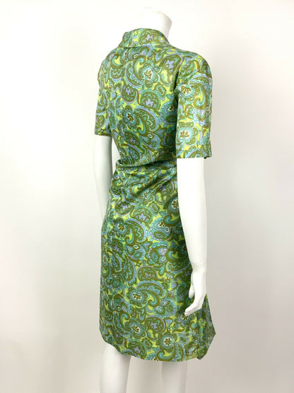 VINTAGE 60s 70s GREEN BLUE PURPLE FLORAL PAISLEY PSYCHEDELIC SHIRT DRESS 14 16