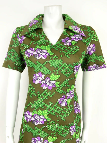 VINTAGE 60s 70s OLIVE GREEN PURPLE WHITE FLORAL GEOMETRIC SHIFT DRESS 14 16