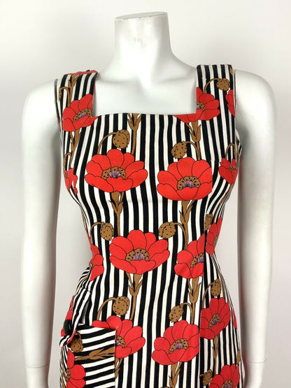 VINTAGE 60s 70s BLACK WHITE RED STRIPED FLORAL POPPY SLEEVELESS DRESS 10 12