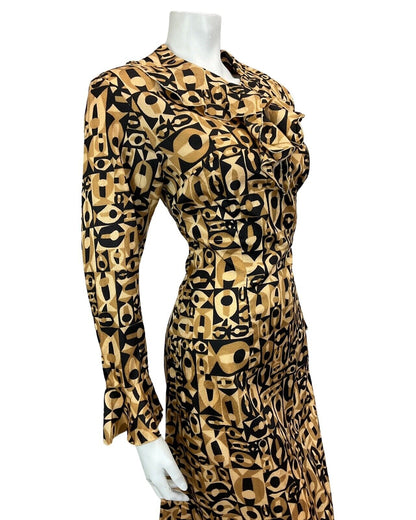 VINTAGE 60s 70s TAN BROWN BLACK PSYCHEDELIC RUFFLE MINI DRESS DRESS 10 12