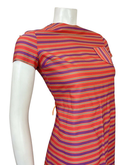 VINTAGE 60s 70s RED PURPLE BLUE STRIPED MOD SHIFT MICRO-MINI DRESS 6