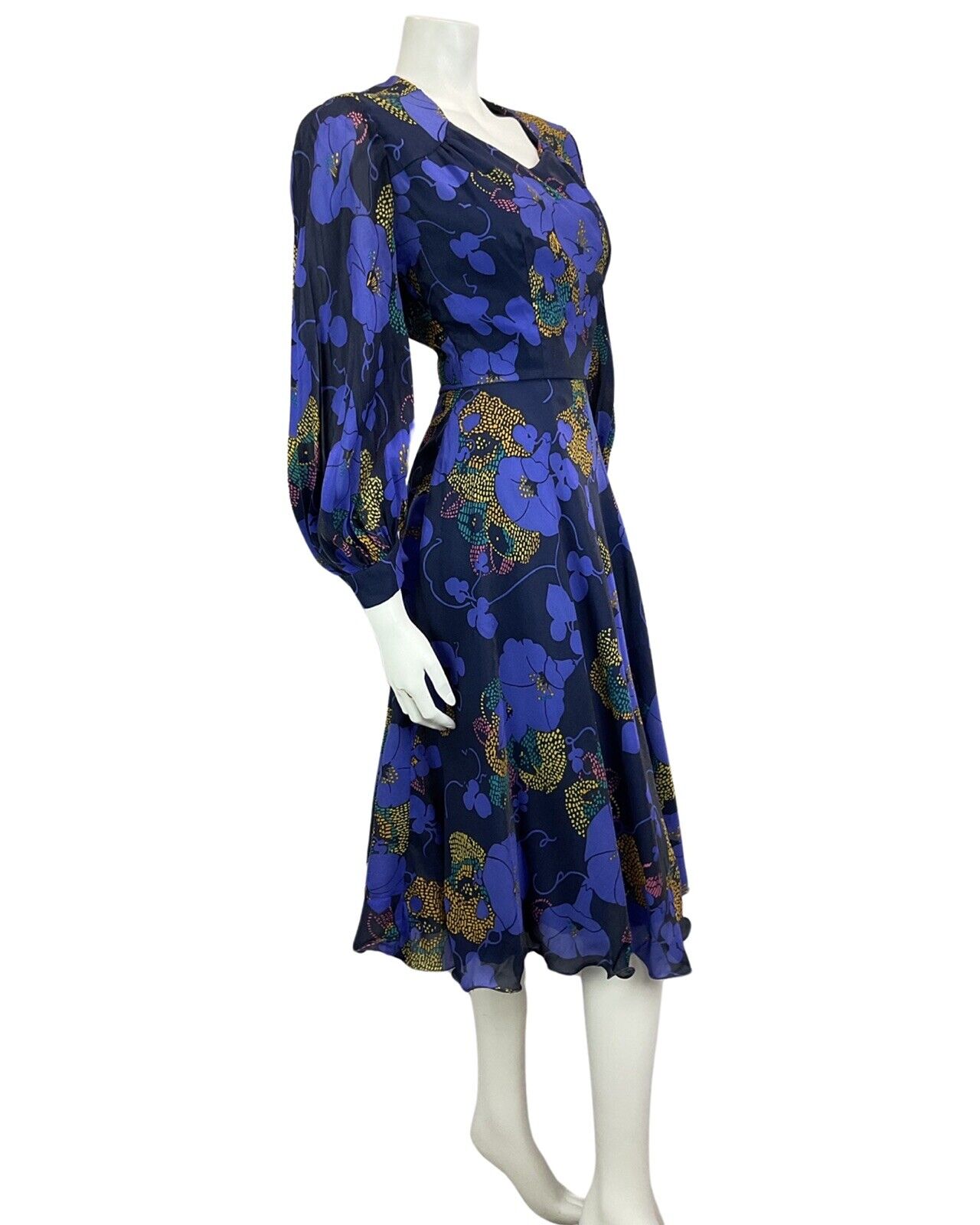 VINTAGE 60s 70s BLUE NAVY GOLD FLORAL PRINT FLOATY BOHO DISCO MOD DRESS 8