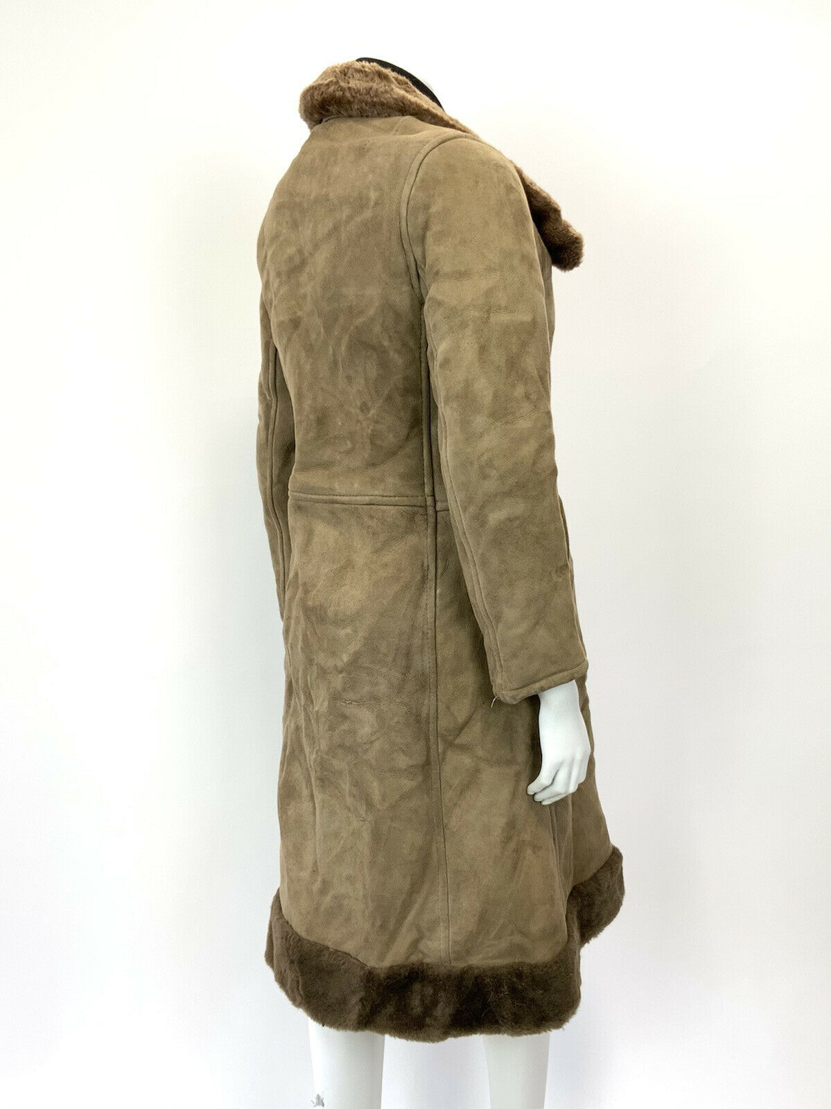 VTG 60s 70s PEANUT BROWN SHEARLING SUEDE DOUBLE-BREASTED PRINCESS SWING COAT 10