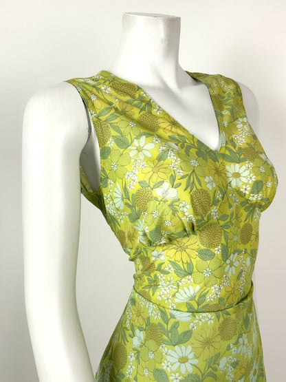 VTG 60s 70s GREEN WHITE YELLOW FLORAL DAISY BOTANICAL PSYCHEDELIC DRESS 12 14