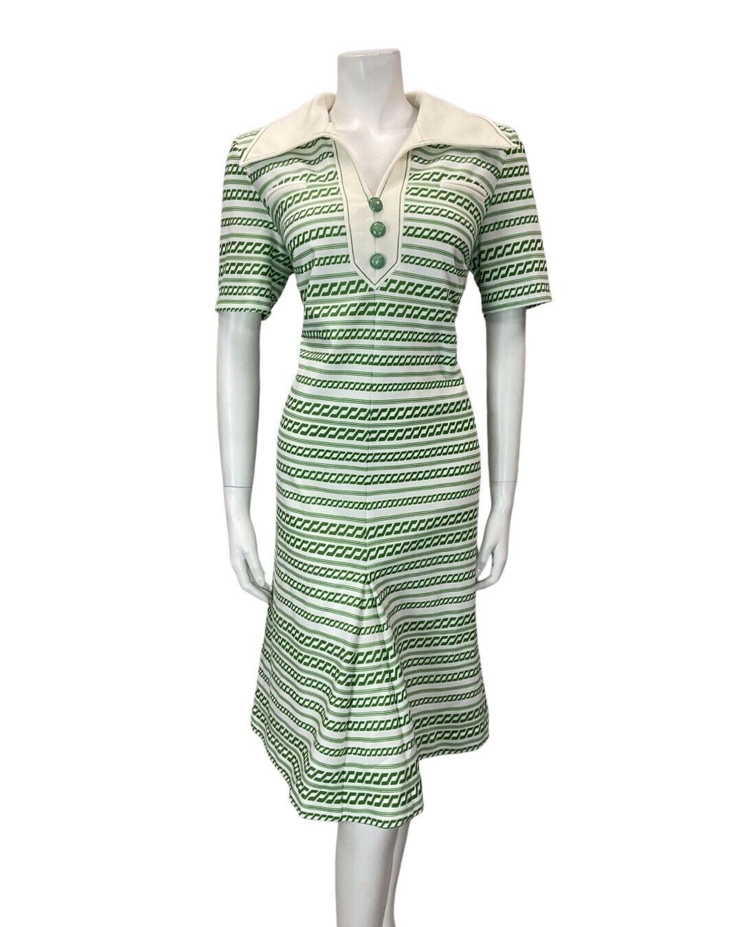 VINTAGE 60s 70s APPLE GREEN WHITE STRIPED MOD WING COLLAR SHIRT DRESS 14 16