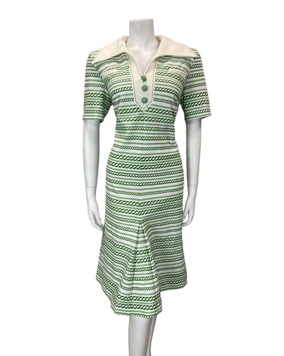 VINTAGE 60s 70s APPLE GREEN WHITE STRIPED MOD WING COLLAR SHIRT DRESS 14 16