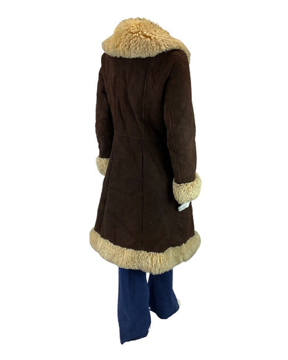 VINTAGE 60s 70s DARK BROWN CREAM MOD PRINCESS SUEDE SHEARLING COAT 10 12