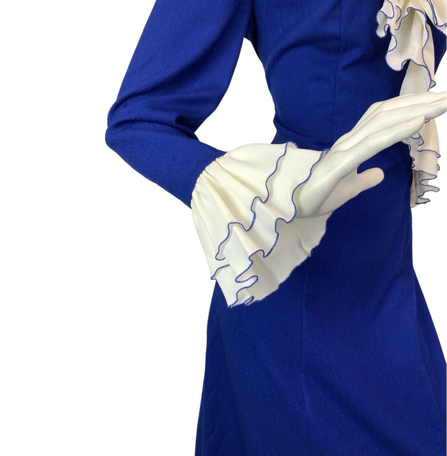 VINTAGE 60s 70s ROYAL BLUE WHITE RUFFLED MOD MAXI DRESS 10