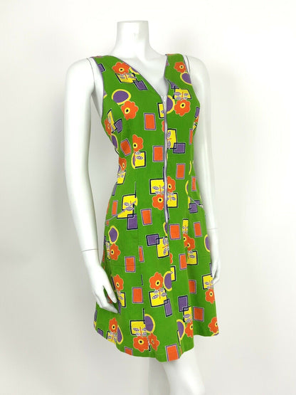 VINTAGE 60s 70s GREEN PURPLE YELLOW ORANGE FLORAL GEOMETRIC SUMMER DRESS 12