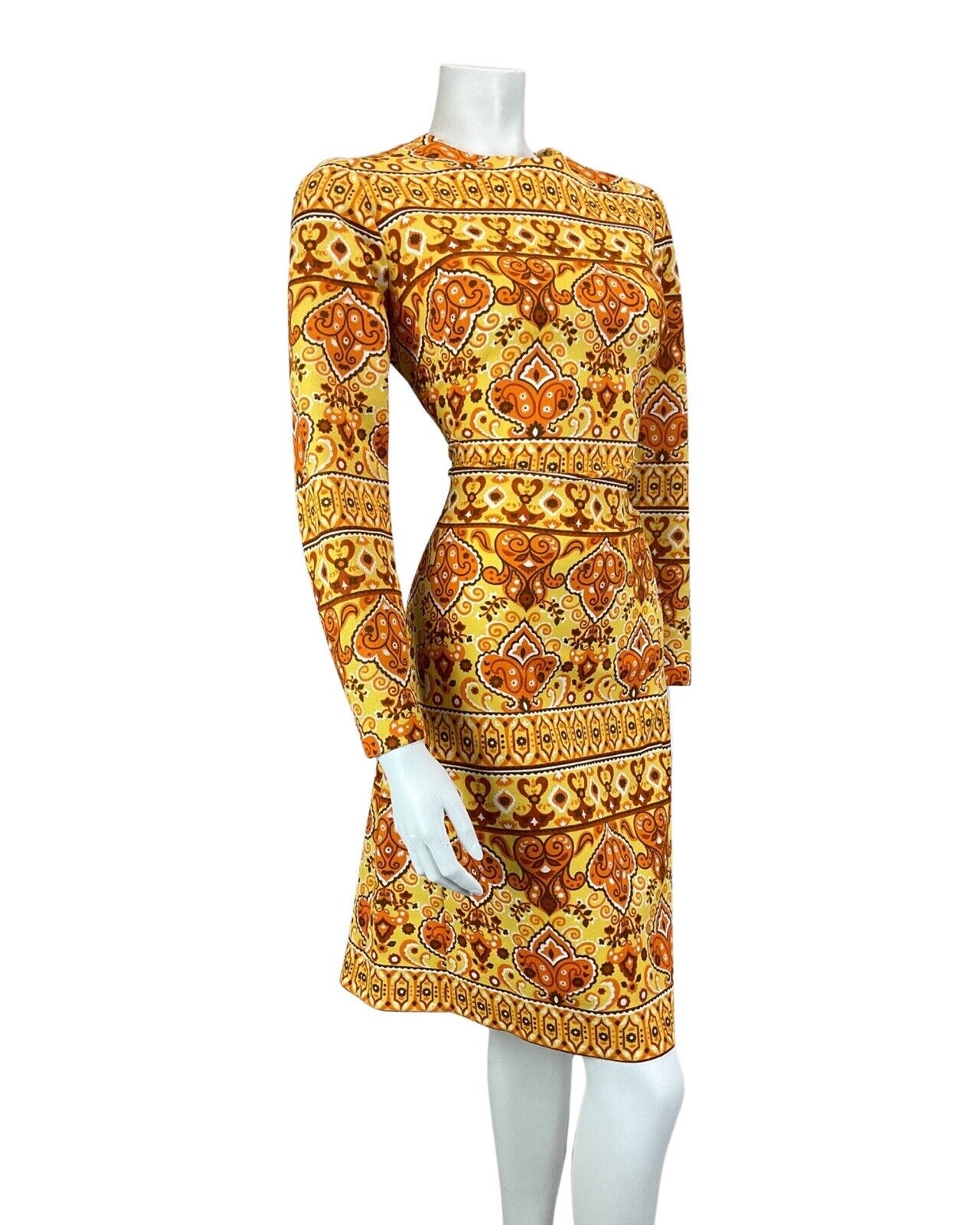 VINTAGE 60s 70s YELLOW BROWN ORANGE MANDALA FLOWER PSYCHEDELIC FITTED DRESS 12