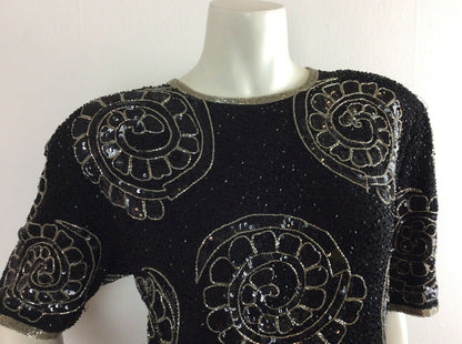 VINTAGE 80S BLACK SILVER BEAD ABSTRACT SWIRL PATTERN DISCO EVENING TOP 16 18