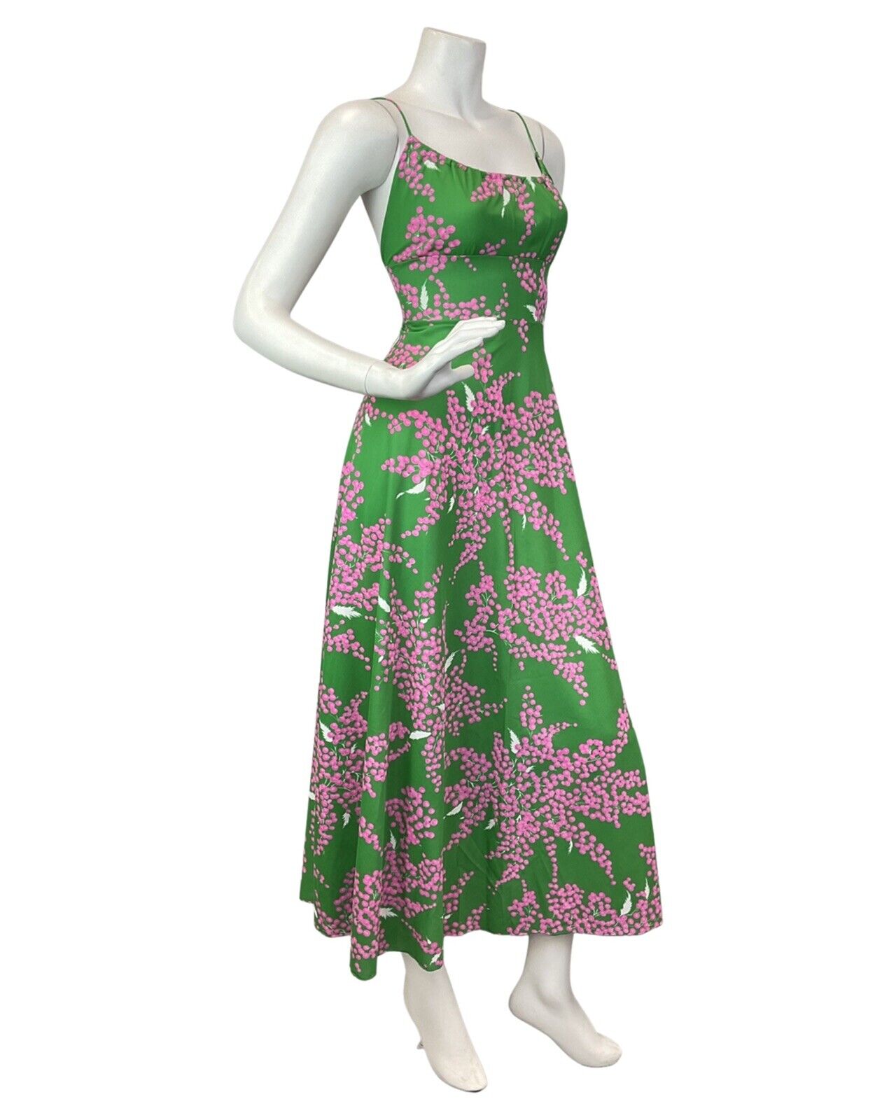 VINTAGE 60s 70s APPLE GREEN PINK FLORAL BLOSSOM SPAGHETTI STRAP MAXI DRESS 8