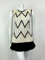 VINTAGE 60s 70s IRIDESCENT WHITE BLACK ZIG-ZAG MOD KNITTED SLEEVELESS TOP 10 12