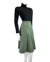 VINTAGE 60s 70s GREEN TWEED BOUCLE WOOL SWING MIDI SKIRT 8