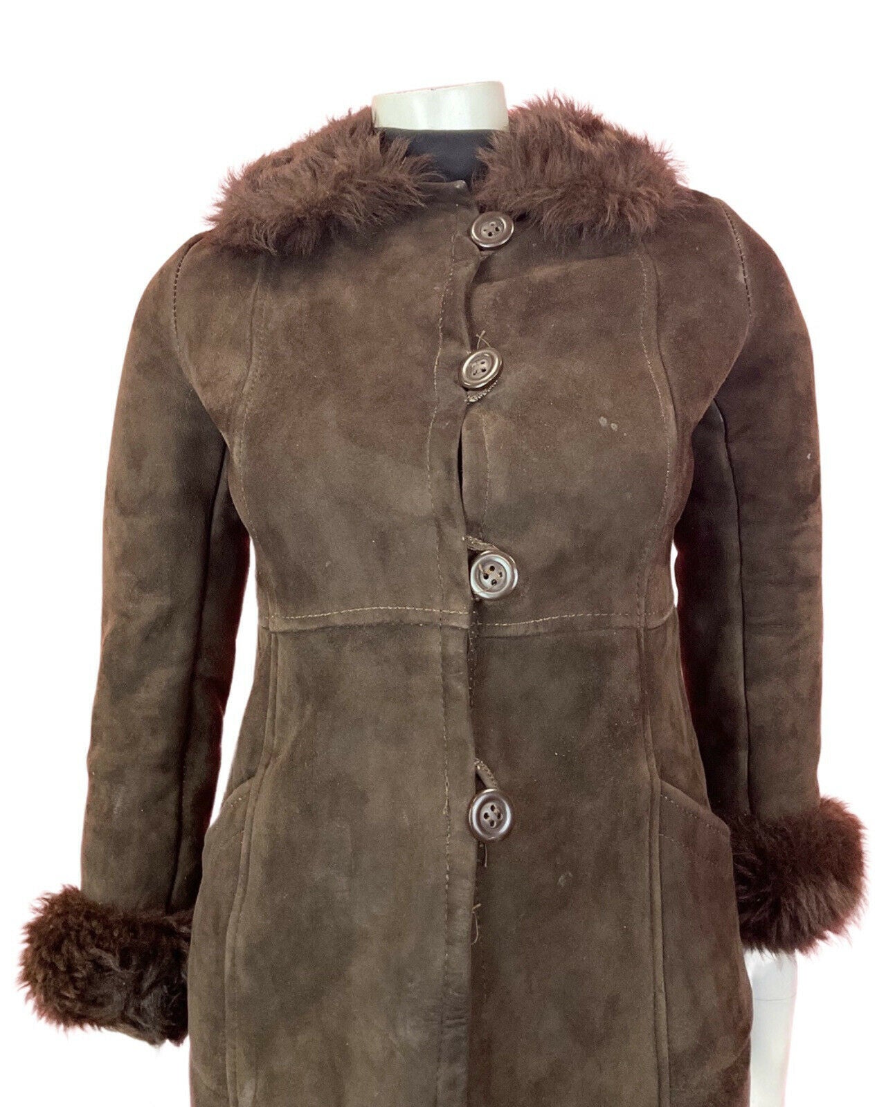 VINTAGE 60s 70s DARK BROWN SUEDE LEATHER PENNY LANE BOHO SHEARLING COAT 6 8