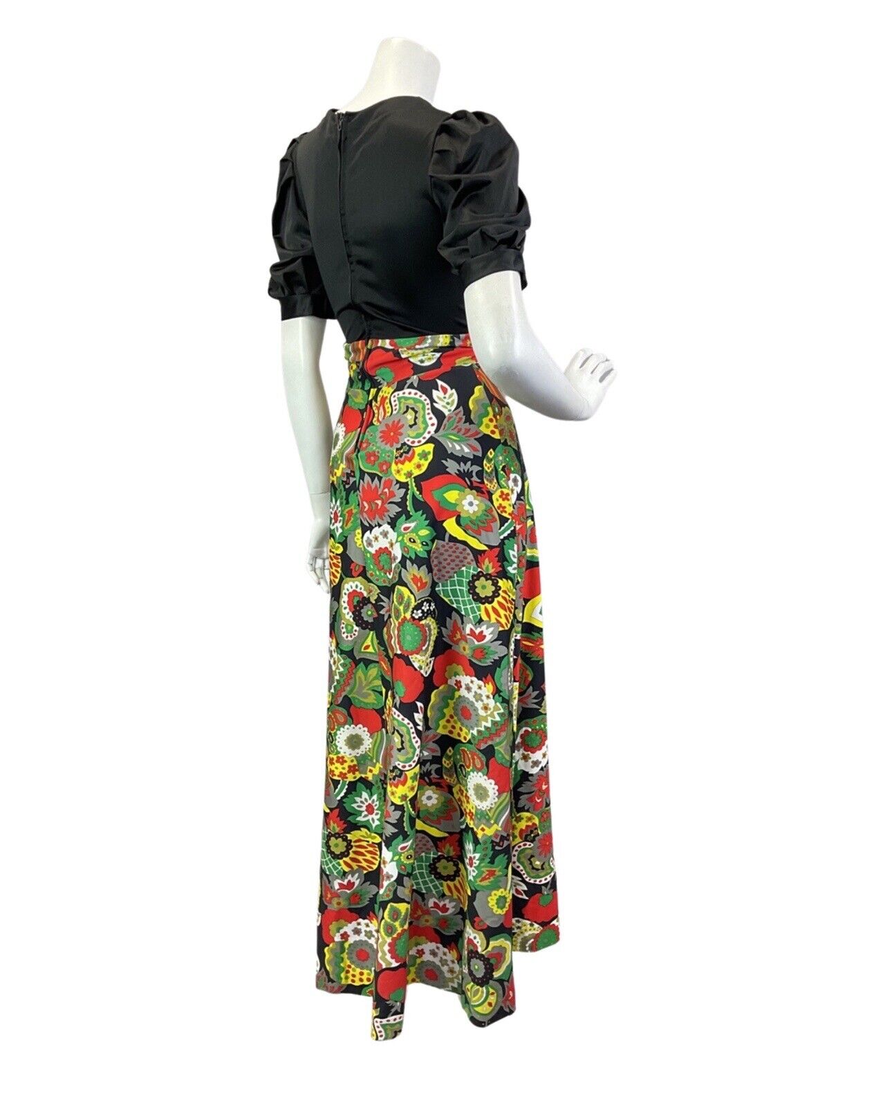 VINTAGE 60s 70s BLACK GREEN YELLOW PSYCHEDELIC FLORAL MANDALA MOD MAXI DRESS 8