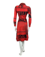 VINTAGE 60s 70s RED BLACK ABSTRACT PRINT MIDI MOD BOHO DISCO PARTY DRESS 8 10