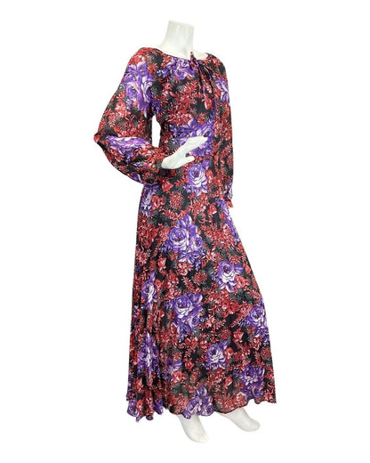 VINTAGE 60s 70s RED PURPLE BLACK PSYCHEDELIC FLORAL PLEATED BOHO MAXI DRESS 16