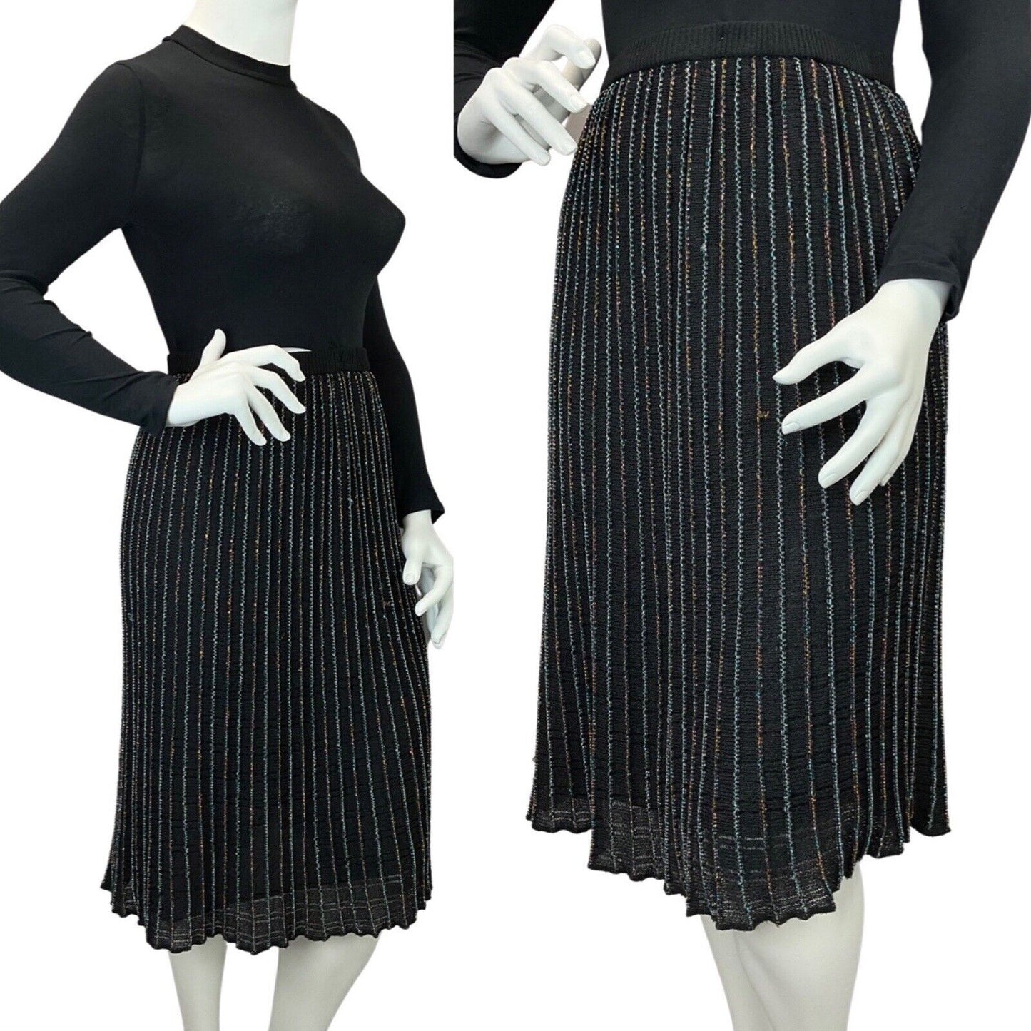 VINTAGE 60s 70s BLACK IRIDESCENT STRIPED DISCO PARTY LUREX KNIT MIDI SKIRT 14