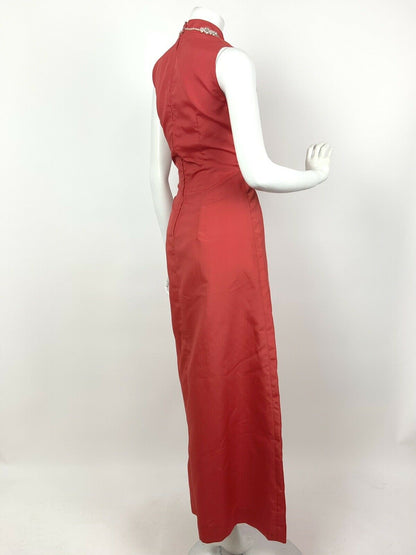 VINTAGE 60s 70s RED PEARL DISCO BALL DIAMANTE BEADED CUT-OUT MAXI DRESS 10