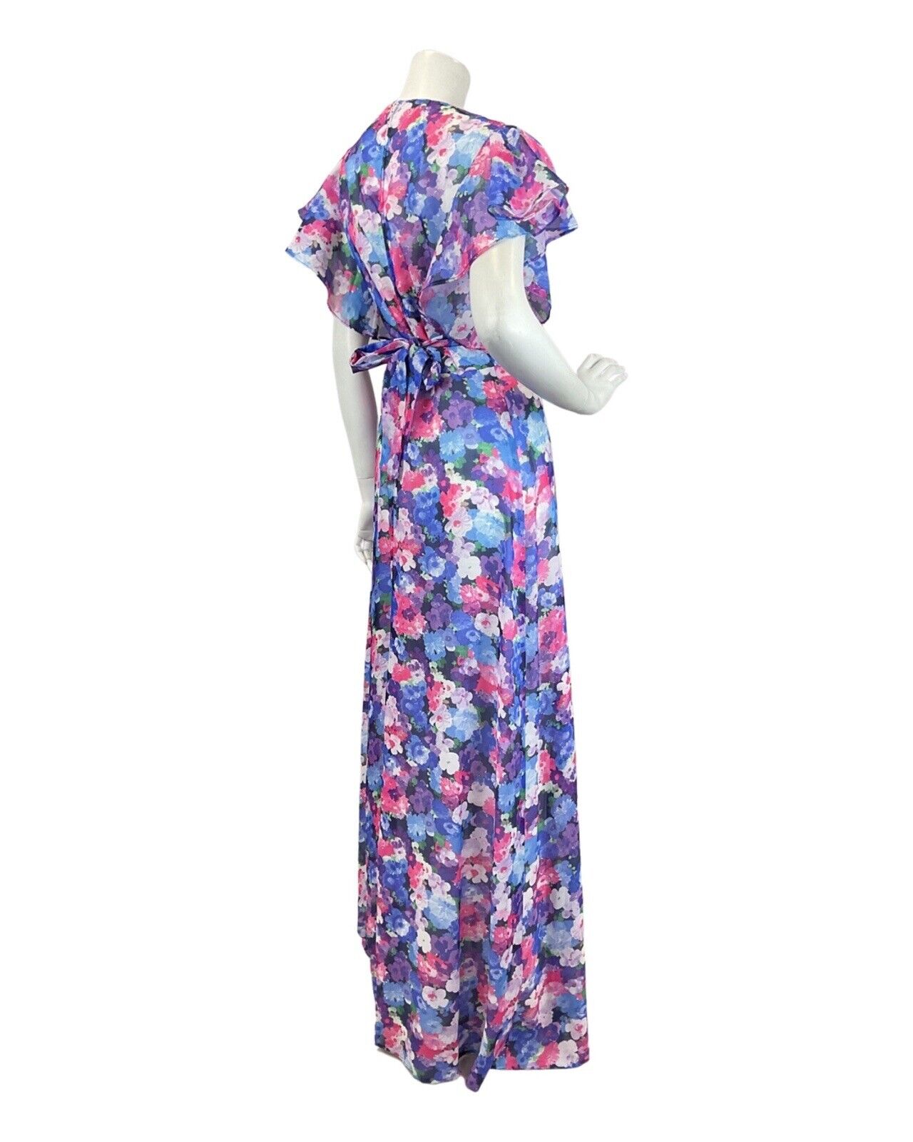 VINTAGE 60s 70s PURPLE BLUE PINK FLORAL PSYCHEDELIC FLOATY MAXI DRESS 10 12