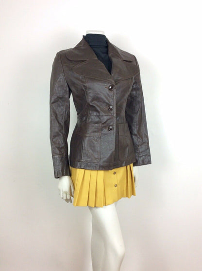 VTG 60s 70s DARK BROWN CHESTNUT LEATHER BELTED JACKET OVERSIZED COLLAR 10 12