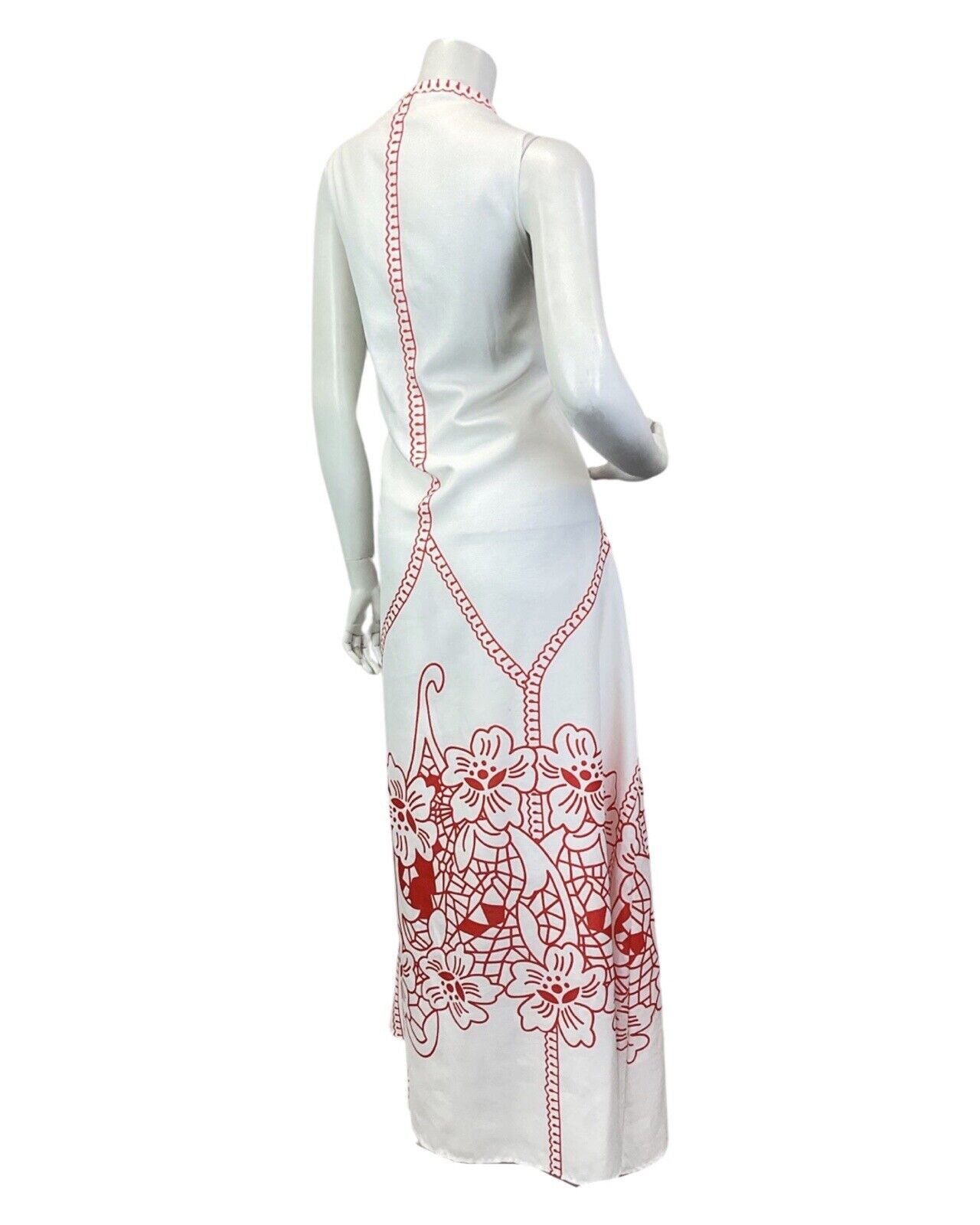 VINTAGE 60s 70s WHITE RED FLORAL BOHO FOLK SLEEVLESS MAXI DRESS 12 14