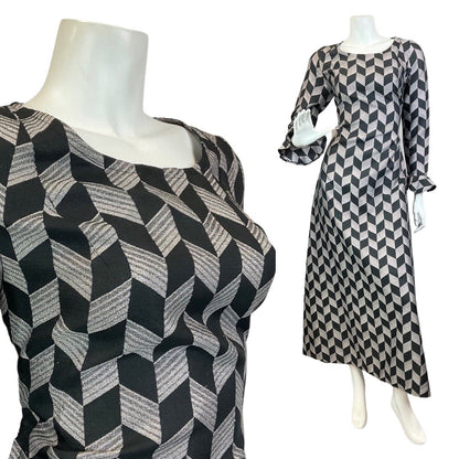 VINTAGE 60s 70s BLACK SILVER LUREX CHEVRON MOD DISCO STUDIO 54 MAXI DRESS 12