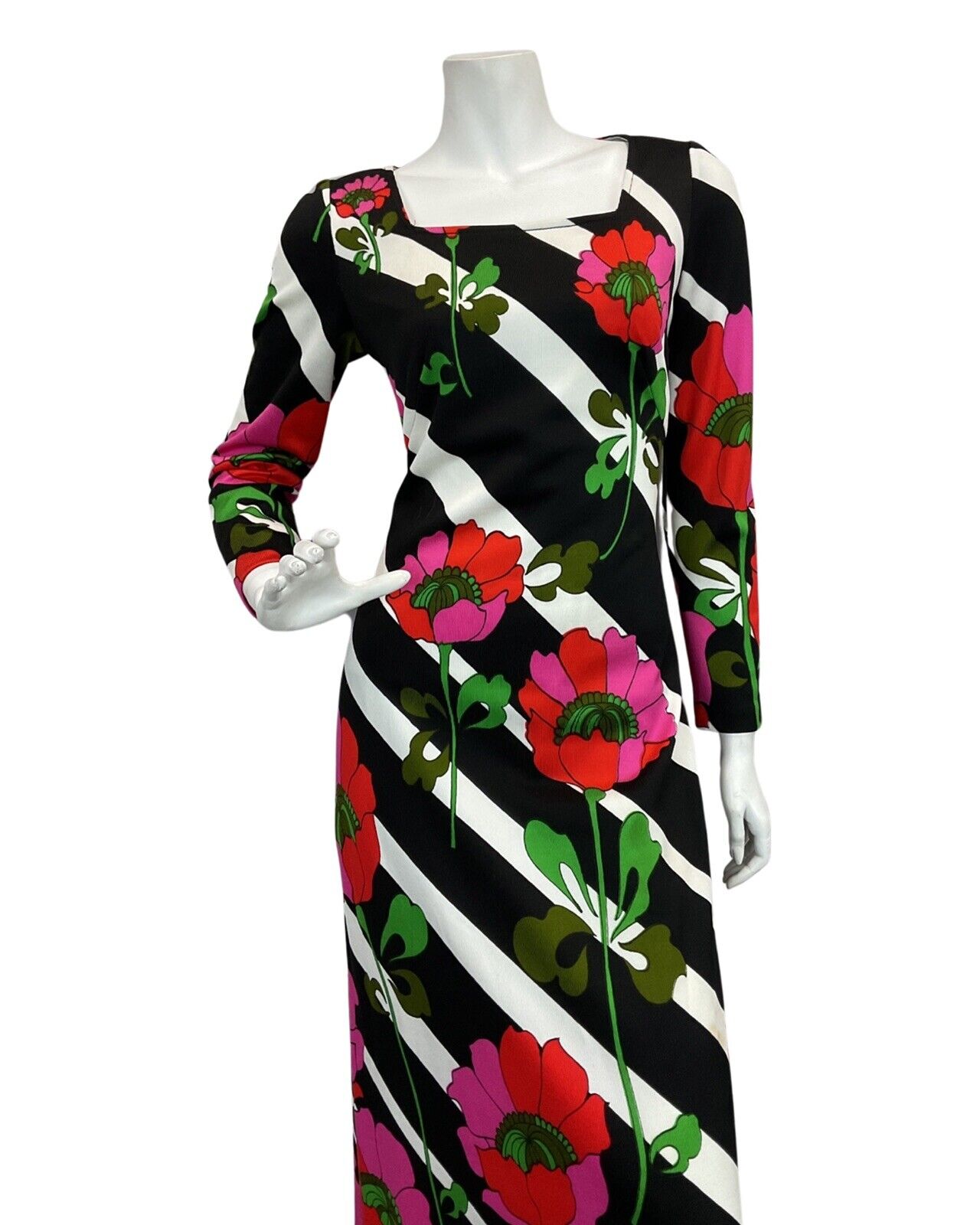 VTG 60s 70s BLACK WHITE STRIPED ROSE FLORAL PRINT MAXI MOD DRESS 10 12