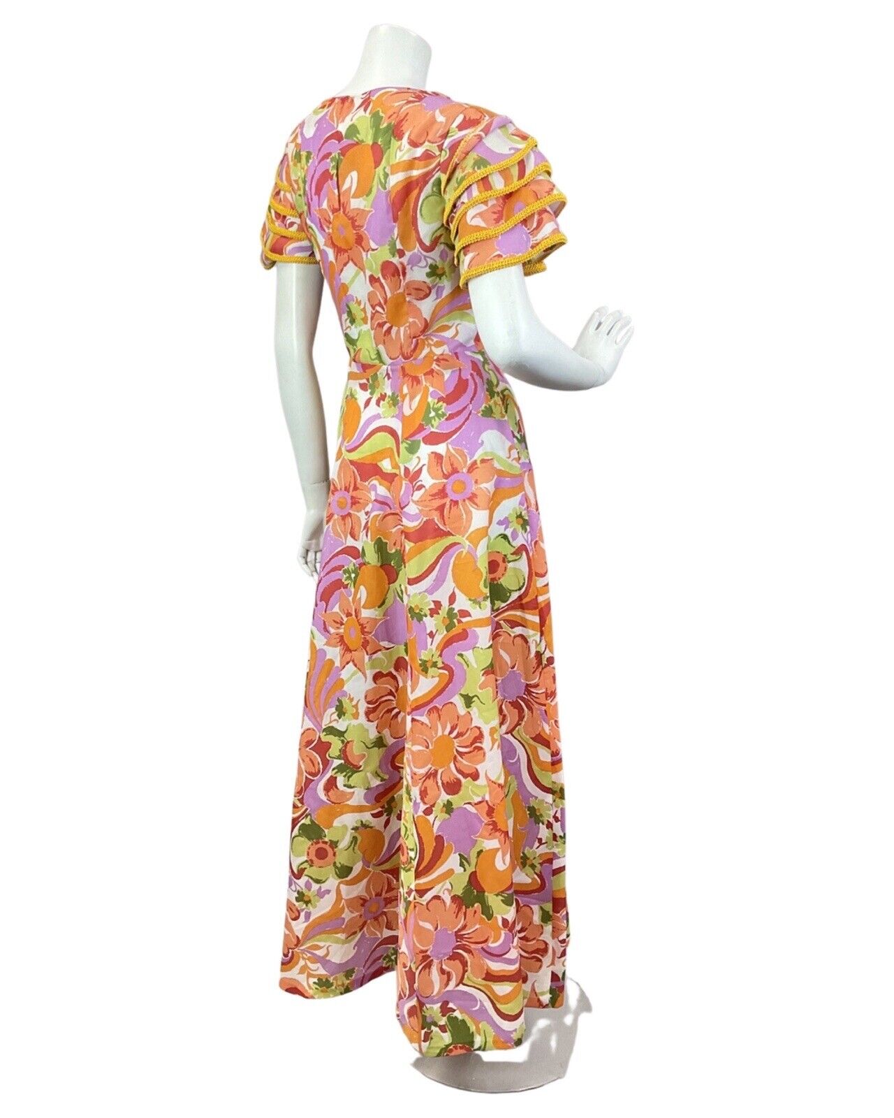 VINTAGE 60s 70s ORANGE GREEN LILAC PSYCHEDELIC FLORAL SUMMER MAXI DRESS 8 10