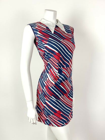 VINTAGE 60s 70s BLUE RED WHITE STRIPED DAGGER COLLAR MOD MINI SHIFT DRESS 8 10