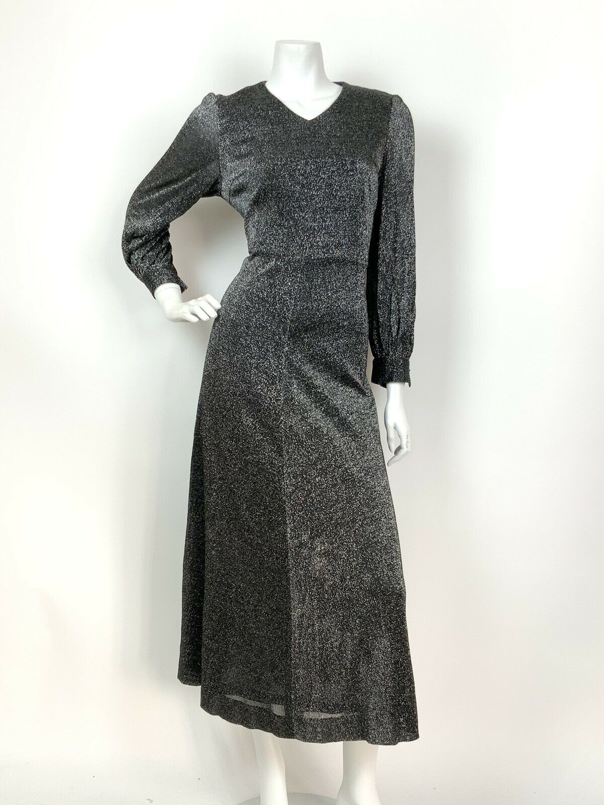 VINTAGE 60s 70s BLACK SILVER GLITTER LUREX DISCO PARTY GLAM MAXI DRESS 12 14